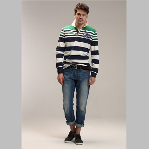 POLOJIANI休閑服裝-純棉藍白條紋長袖POLO衫