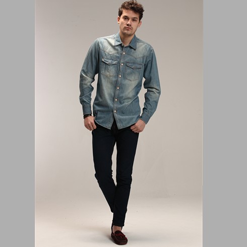 POLOJIANI休閑服裝-個性洗水牛仔布時尚休閑長袖襯衫