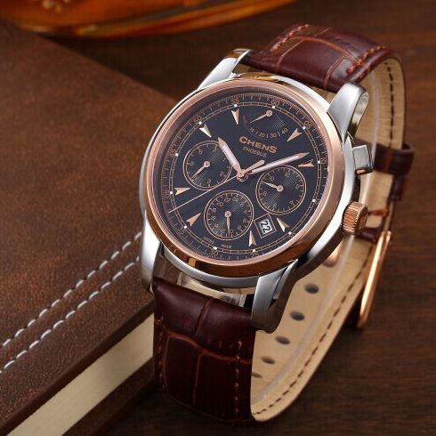 瑞士CHENS手表產品-男表PBS005-1-5L-9M黑盤棕色皮帶