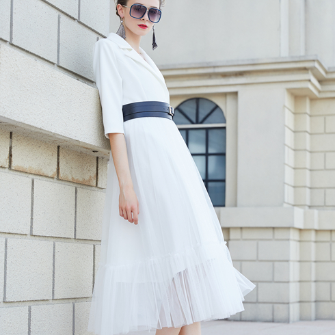 金蝶妮-西裝領拼接網紗連衣裙